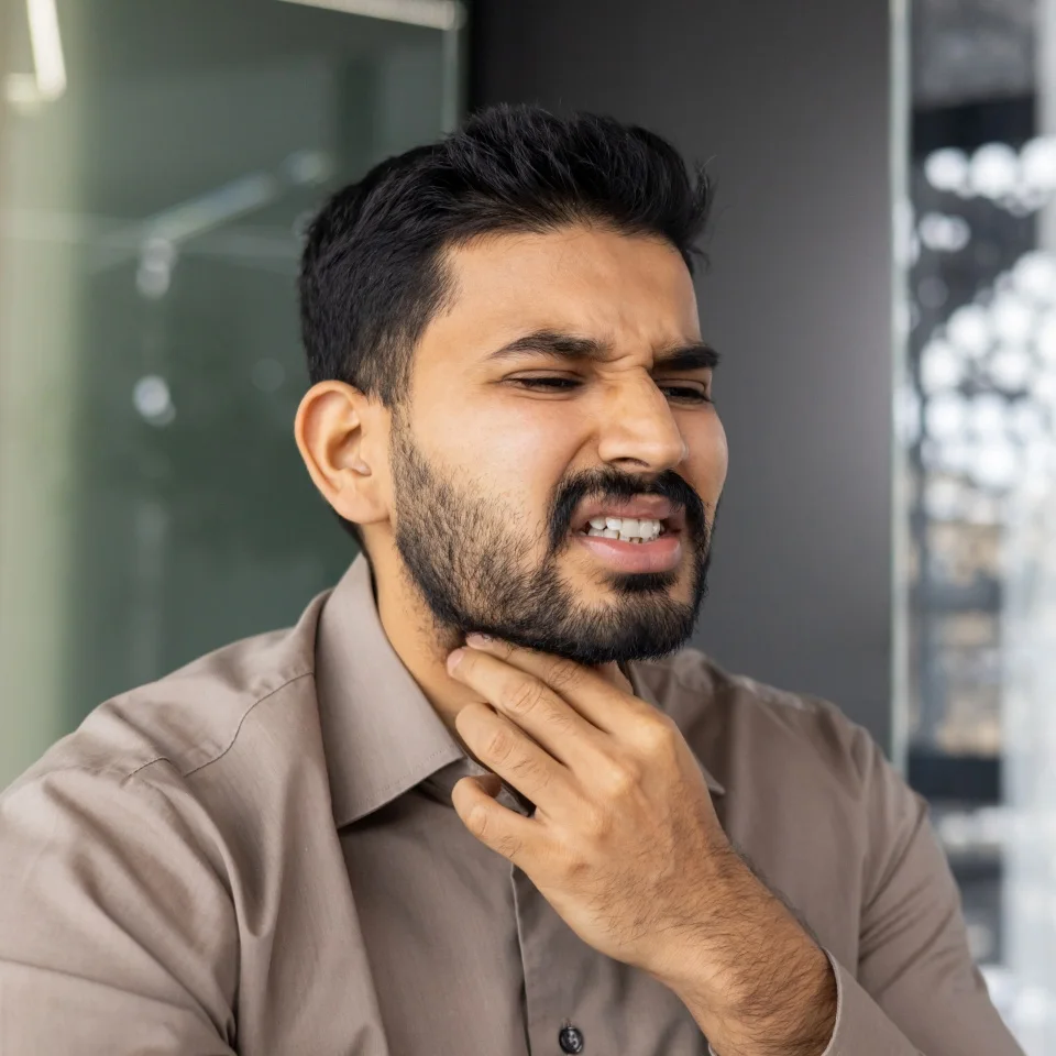 The man in the pictures appears distressed, holding his throat, likely due to a sore throat, illness, or throat pain. His expression conveys discomfort, sickness, or a health issue