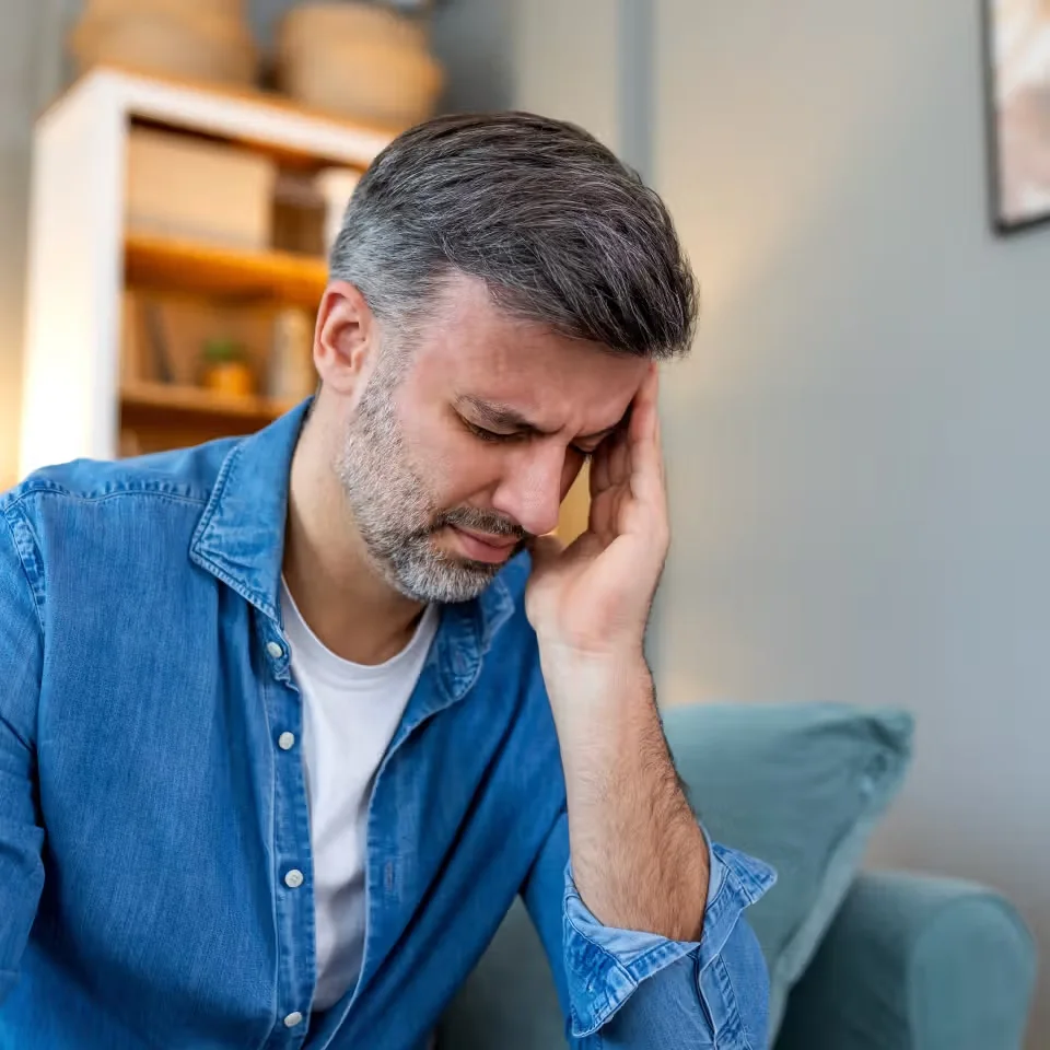 Closeup of man suffering from headache at home, touching his temples, copy space, blurred background. Migraine, headache, stress, tension problem, hangover concept