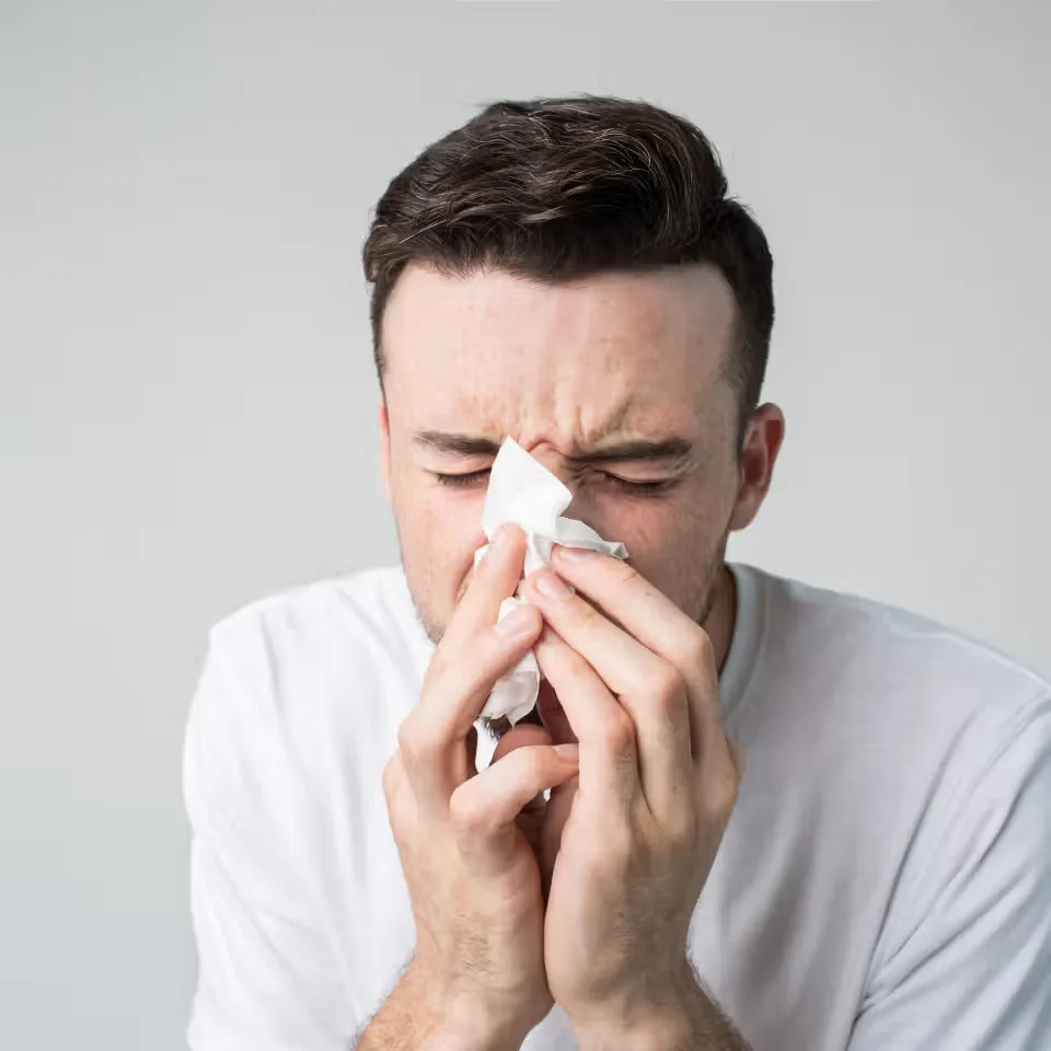 studio picture from a young man with handkerchief. Sick guy isolated has runny nose. man makes a cure for the common cold